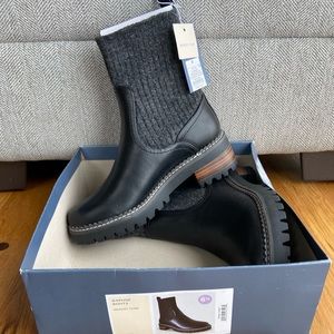 Black leather ankle boots. These boots blend comfort and fashion.